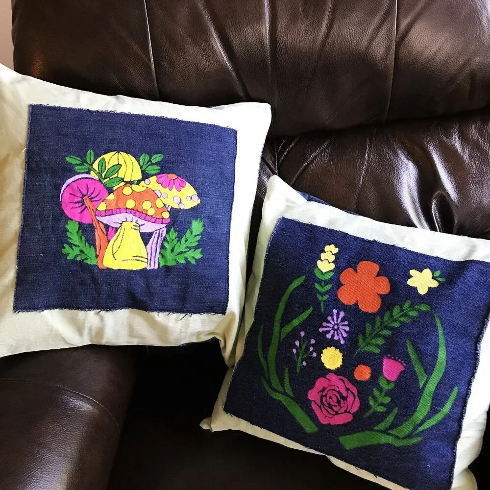 Mushroom Pillow Cover 16 x 16, Hand Painted Envelope Style Cottagecore Sham